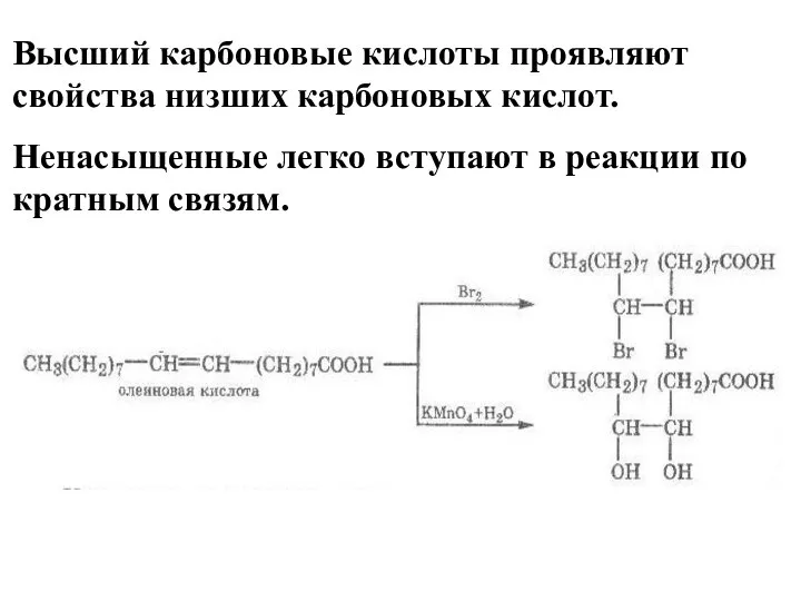 Высший карбоновые кислоты проявляют свойства низших карбоновых кислот. Ненасыщенные легко вступают в реакции по кратным связям.