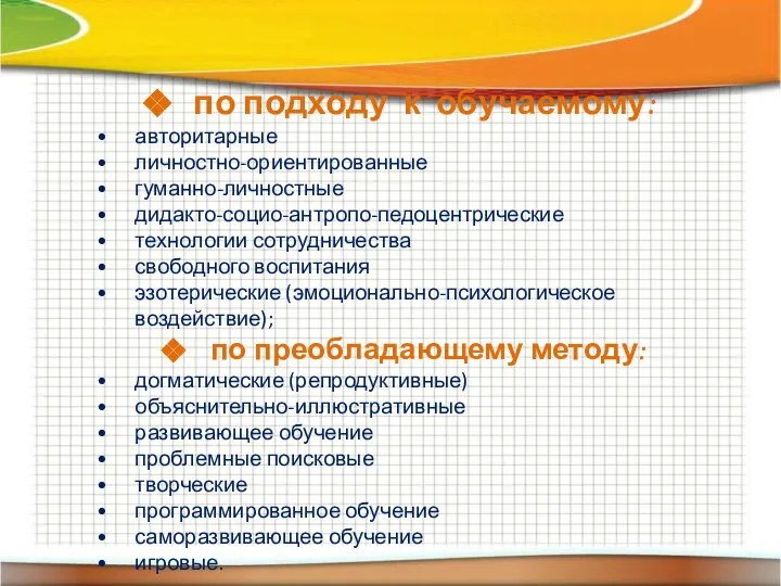 по подходу к обучаемому: авторитарные личностно-ориентированные гуманно-личностные дидакто-социо-антропо-педоцентрические технологии сотрудничества свободного воспитания