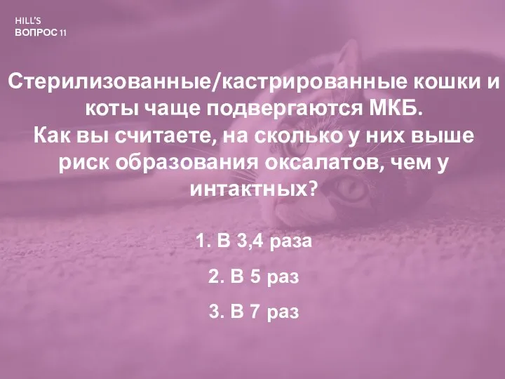 HILL’S ВОПРОС 11 Стерилизованные/кастрированные кошки и коты чаще подвергаются МКБ. Как вы