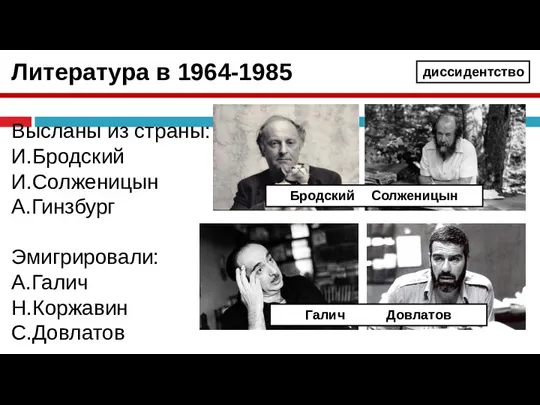 Литература в 1964-1985 Высланы из страны: И.Бродский И.Солженицын А.Гинзбург Эмигрировали: А.Галич Н.Коржавин