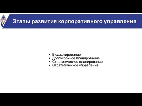 Этапы развития корпоративного управления Бюджетирование Долгосрочное планирование Стратегическое планирование Стратегическое управление