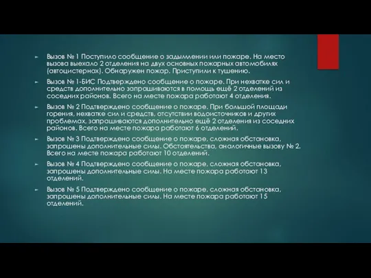 Вызов № 1 Поступило сообщение о задымлении или пожаре. На место вызова