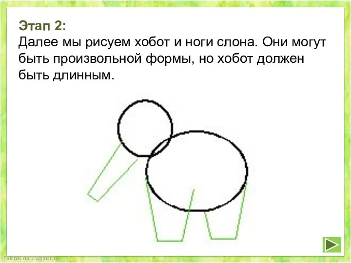 Этап 2: Далее мы рисуем хобот и ноги слона. Они могут быть