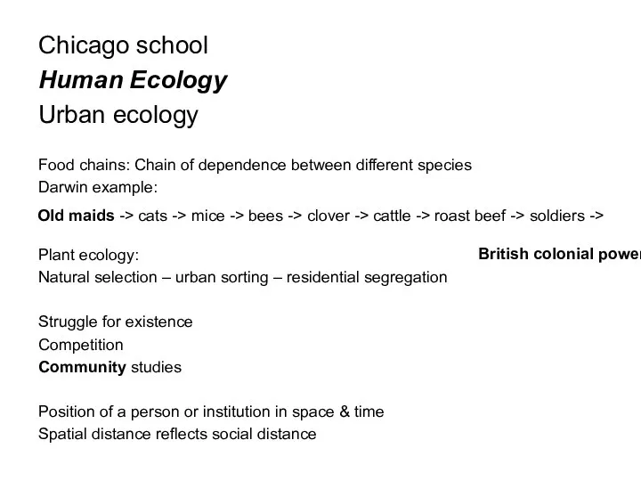 Chicago school Human Ecology Urban ecology Food chains: Chain of dependence between