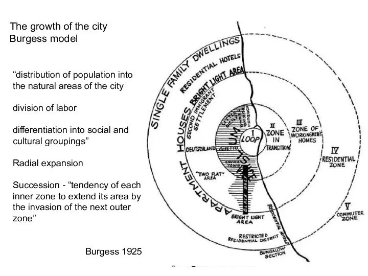 The growth of the city Burgess model “distribution of population into the