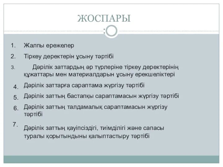 ЖОСПАРЫ: 4. 5. 6. Жалпы ережелер Тіркеу деректерін ұсыну тәртібі Дәрілік заттардың