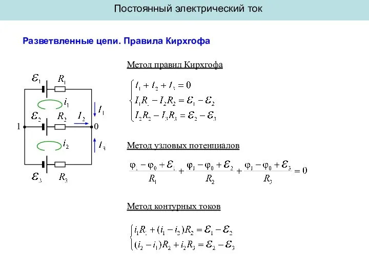 Постоянный электрический ток Разветвленные цепи. Правила Кирхгофа 0 1 Метод правил Кирхгофа