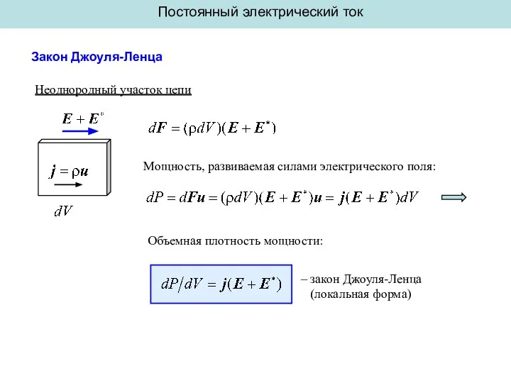 Постоянный электрический ток Закон Джоуля-Ленца Неоднородный участок цепи Мощность, развиваемая силами электрического