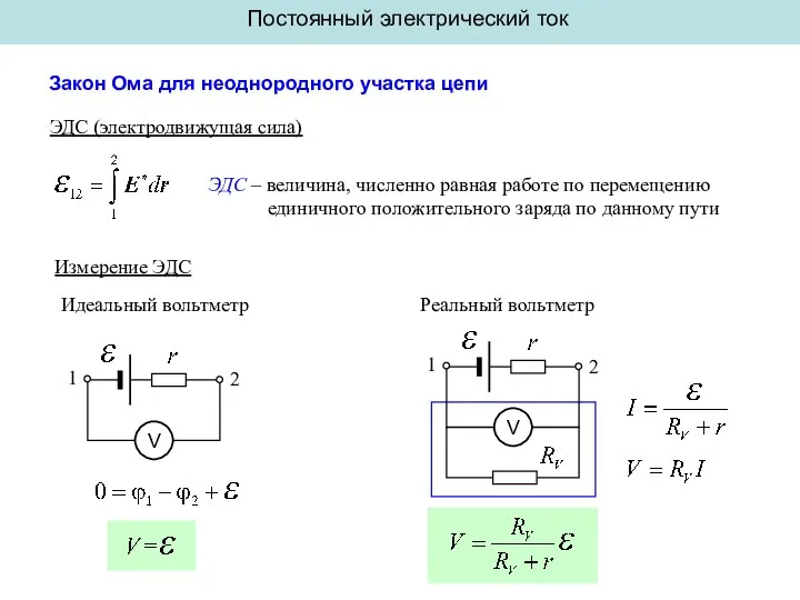 Постоянный электрический ток Закон Ома для неоднородного участка цепи ЭДС (электродвижущая сила)