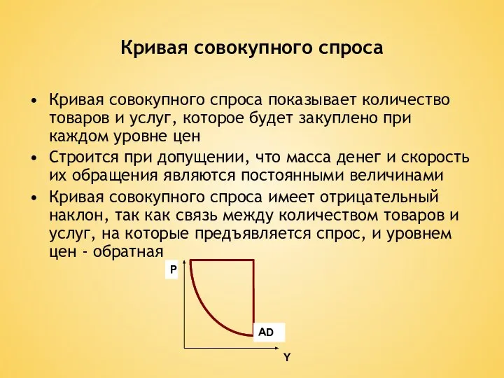 Кривая совокупного спроса Кривая совокупного спроса показывает количество товаров и услуг, которое