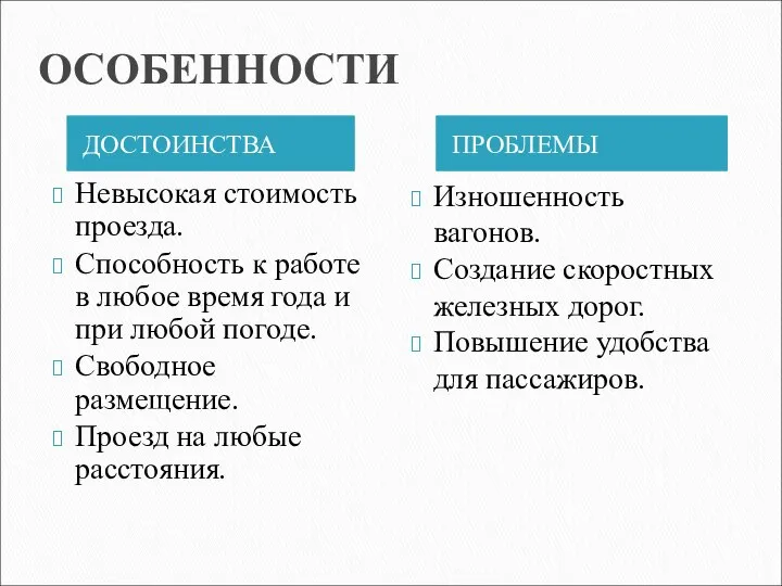 ОСОБЕННОСТИ ДОСТОИНСТВА ПРОБЛЕМЫ Невысокая стоимость проезда. Способность к работе в любое время