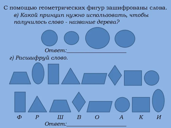 С помощью геометрических фигур зашифрованы слова. в) Какой принцип нужно использовать, чтобы