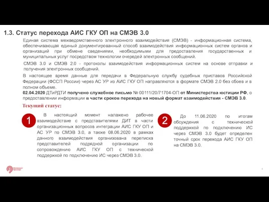 1.3. Статус перехода АИС ГКУ ОП на СМЭВ 3.0 До 11.06.2020 по