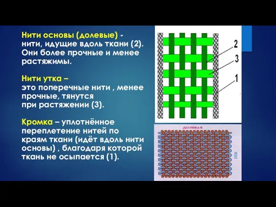 Нити основы (долевые) - нити, идущие вдоль ткани (2). Они более прочные