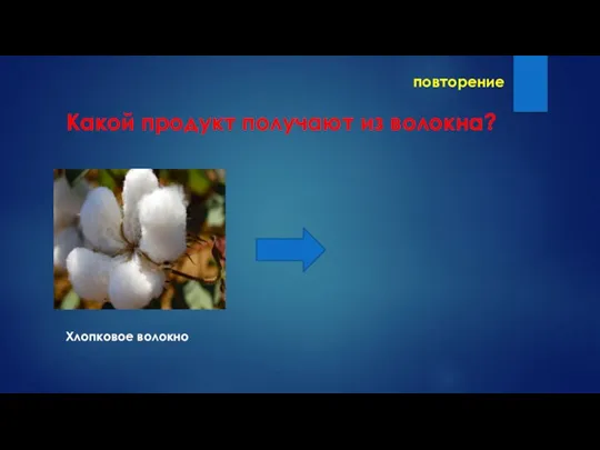 повторение Какой продукт получают из волокна? Хлопковое волокно