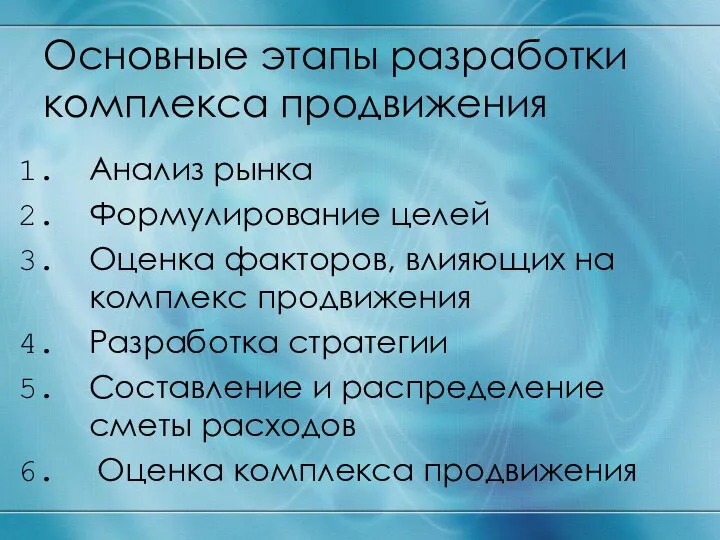 Основные этапы разработки комплекса продвижения Анализ рынка Формулирование целей Оценка факторов, влияющих