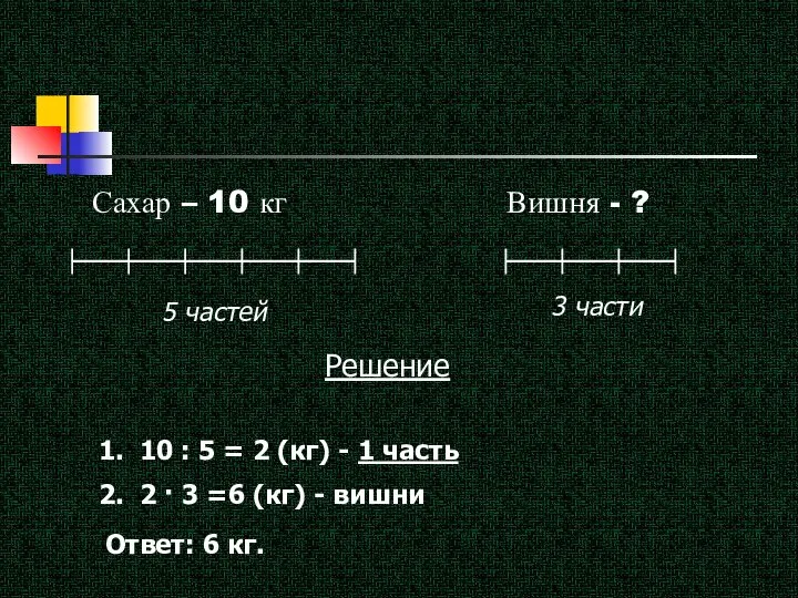 Решение 1. 10 : 5 = 2 (кг) - 1 часть 2.