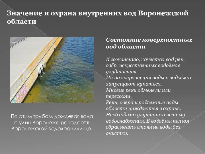 Значение и охрана внутренних вод Воронежской области По этим трубам дождевая вода