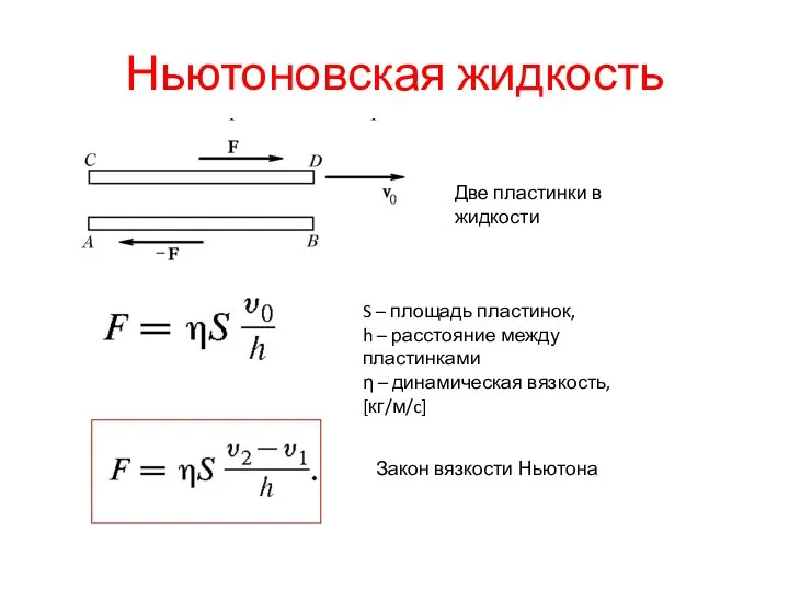 Ньютоновская жидкость Две пластинки в жидкости S – площадь пластинок, h –