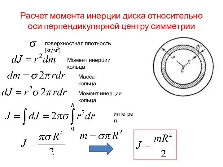 Расчет момента инерции диска относительно оси перпендикулярной центру симметрии поверхностная плотность [кг/м2]