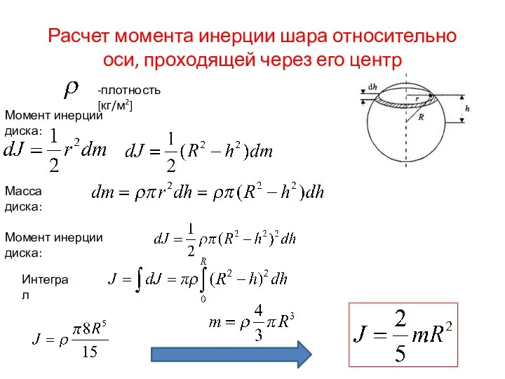 Расчет момента инерции шара относительно оси, проходящей через его центр -плотность [кг/м2]