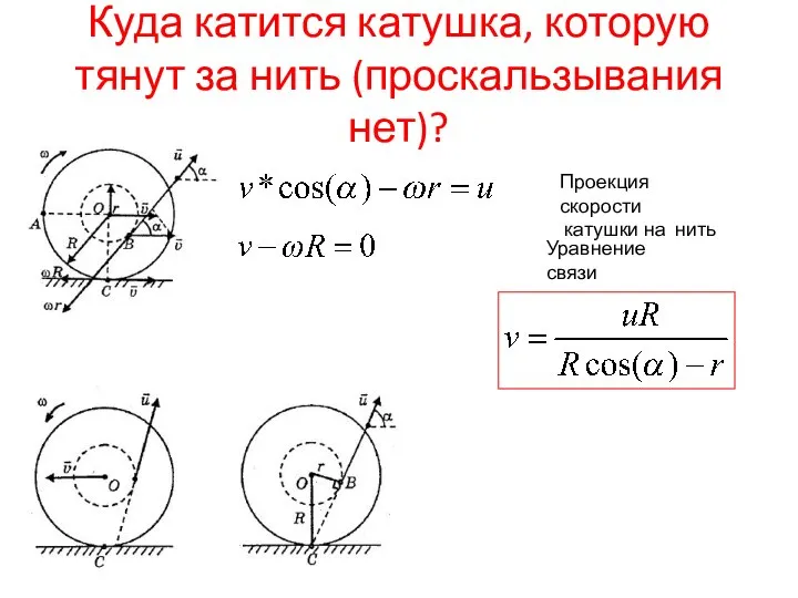 Куда катится катушка, которую тянут за нить (проскальзывания нет)? Проекция скорости катушки на нить Уравнение связи