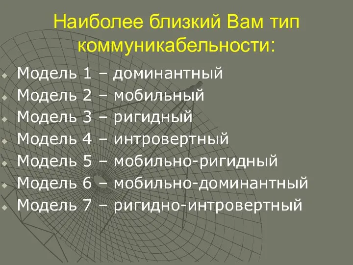 Наиболее близкий Вам тип коммуникабельности: Модель 1 – доминантный Модель 2 –