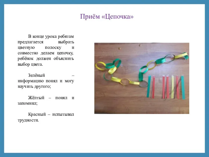 Приём «Цепочка» В конце урока ребятам предлагается выбрать цветную полоску и совместно