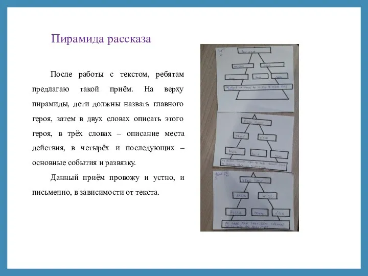 Пирамида рассказа После работы с текстом, ребятам предлагаю такой приём. На верху