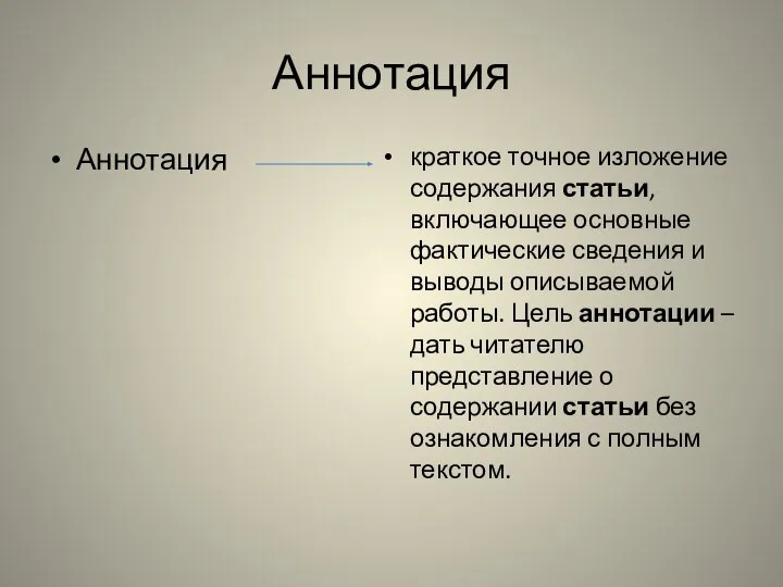 Аннотация Аннотация краткое точное изложение содержания статьи, включающее основные фактические сведения и