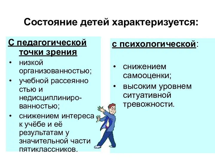 Состояние детей характеризуется: С педагогической точки зрения низкой организованностью; учебной рассеянно стью