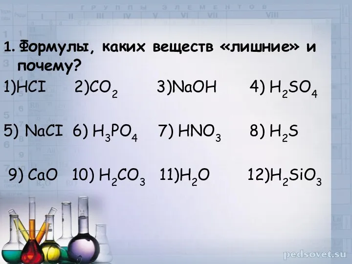 1. Формулы, каких веществ «лишние» и почему? 1)HCI 2)CO2 3)NaOH 4) H2SO4