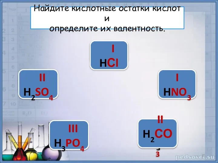 H2SO4 HNO3 H3PO4 H2СО3 HСl Найдите кислотные остатки кислот и определите их