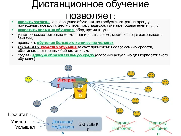 Дистанционное обучение позволяет: снизить затраты на проведение обучения (не требуется затрат на