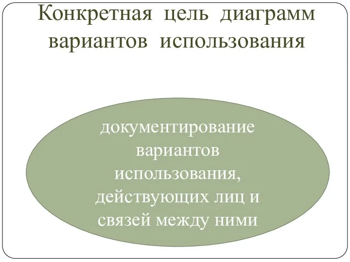 Конкретная цель диаграмм вариантов использования документирование вариантов использования, действующих лиц и связей между ними