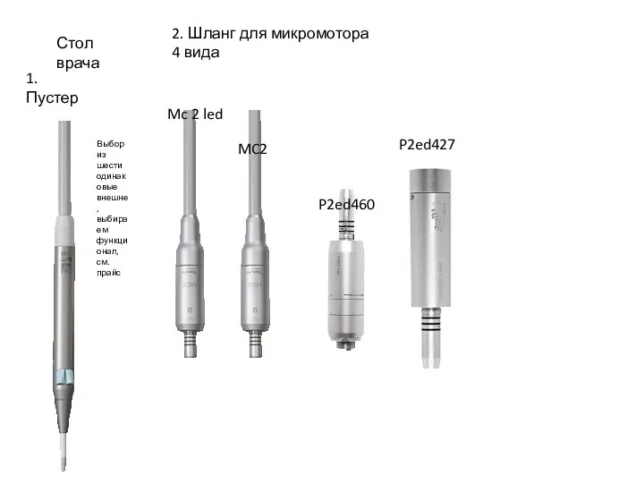 Стол врача 1. Пустер Выбор из шести одинаковые внешне, выбираем функционал, см.