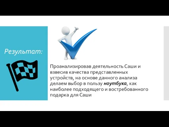 Результат: Проанализировав деятельность Саши и взвесив качества представленных устройств, на основе данного