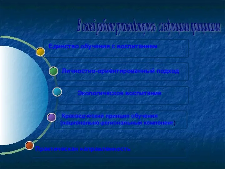 Практическая направленность Единство обучения с воспитанием Личностно-ориентированный подход Краеведческий принцип обучения (национально-региональный