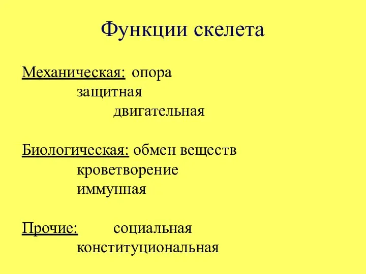 Механическая: опора защитная двигательная Биологическая: обмен веществ кроветворение иммунная Прочие: социальная конституциональная Функции скелета