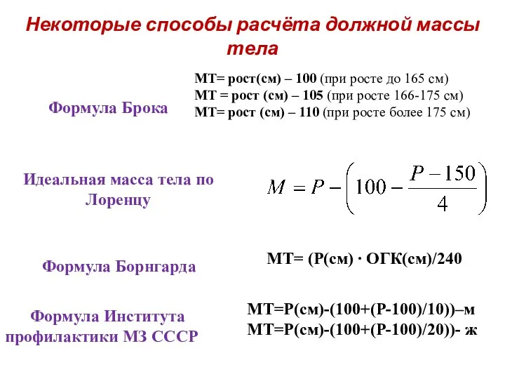 Идеальная масса тела по Лоренцу Формула Борнгарда Формула Института профилактики МЗ СССР