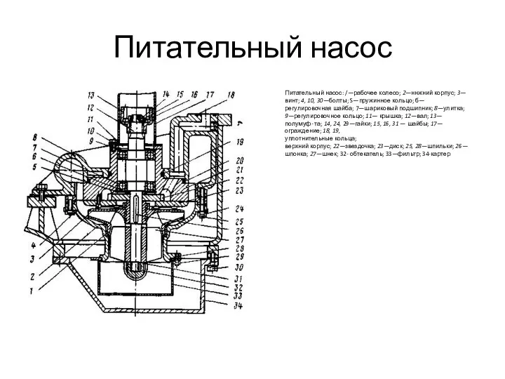 Питательный насос Питательный насос: /—рабочее колесо; 2—ннжний корпус; 3—винт; 4, 10, 30—бол­ты;