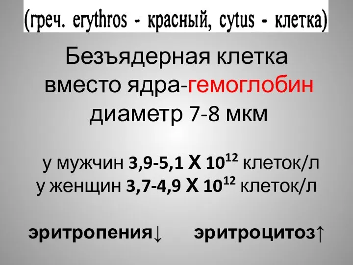 Безъядерная клетка вместо ядра-гемоглобин диаметр 7-8 мкм у мужчин 3,9-5,1 Х 1012