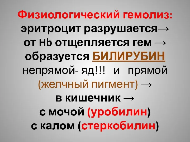 Физиологический гемолиз: эритроцит разрушается→ от Hb отщепляется гем → образуется БИЛИРУБИН непрямой-