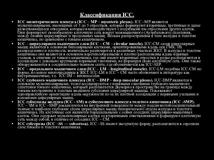 Классификация ICC. ICC миэнтерического плексуса (ICC – MP – myenteric plexus). ICC