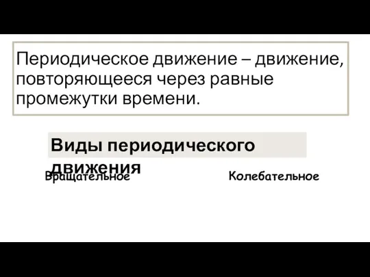 Периодическое движение – движение, повторяющееся через равные промежутки времени. Колебательное Вращательное Виды периодического движения