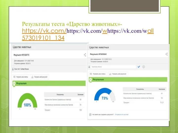 Результаты теста «Царство животных»- https://vk.com/https://vk.com/whttps://vk.com/wall573019101_134
