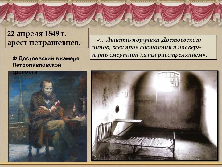 22 апреля 1849 г. – арест петрашевцев. Ф.Достоевский в камере Петропавловской крепости