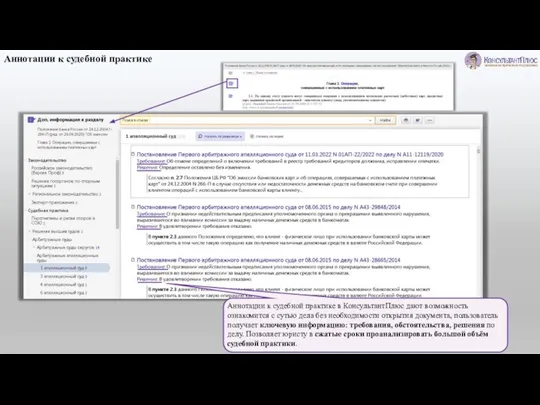 Аннотации к судебной практике Аннотации к судебной практике в КонсультантПлюс дают возможность