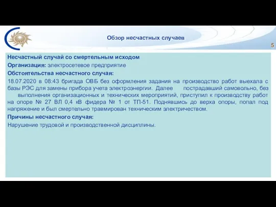 Обзор несчастных случаев Несчастный случай со смертельным исходом Организация: электросетевое предприятие Обстоятельства