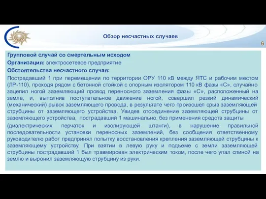 Обзор несчастных случаев Групповой случай со смертельным исходом Организация: электросетевое предприятие Обстоятельства